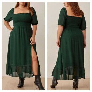 Reformation Meadow Dress Es Short Sleeve Smocked Midi Forest Green 1X